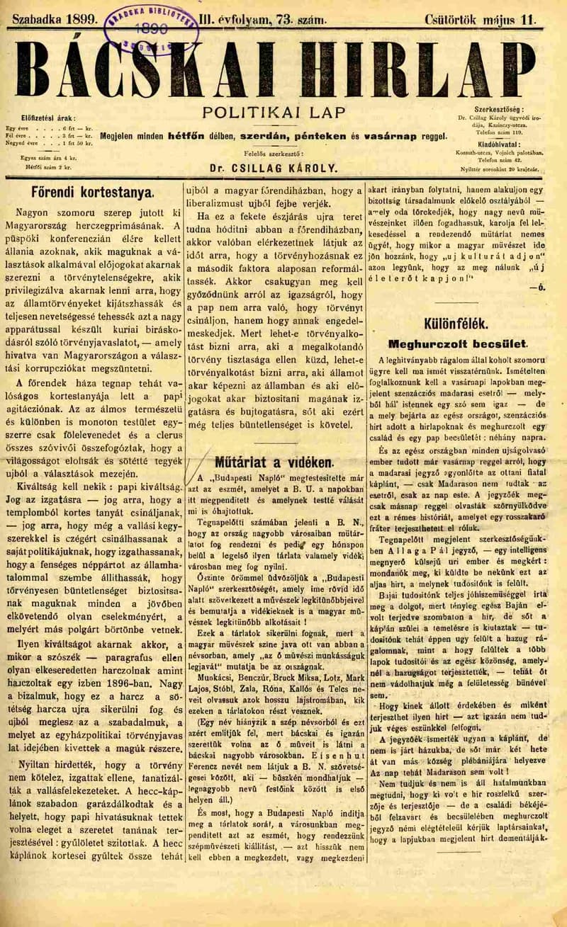 Bácskai Hirlap, 3. évf. 1899. május 11. 73. sz.