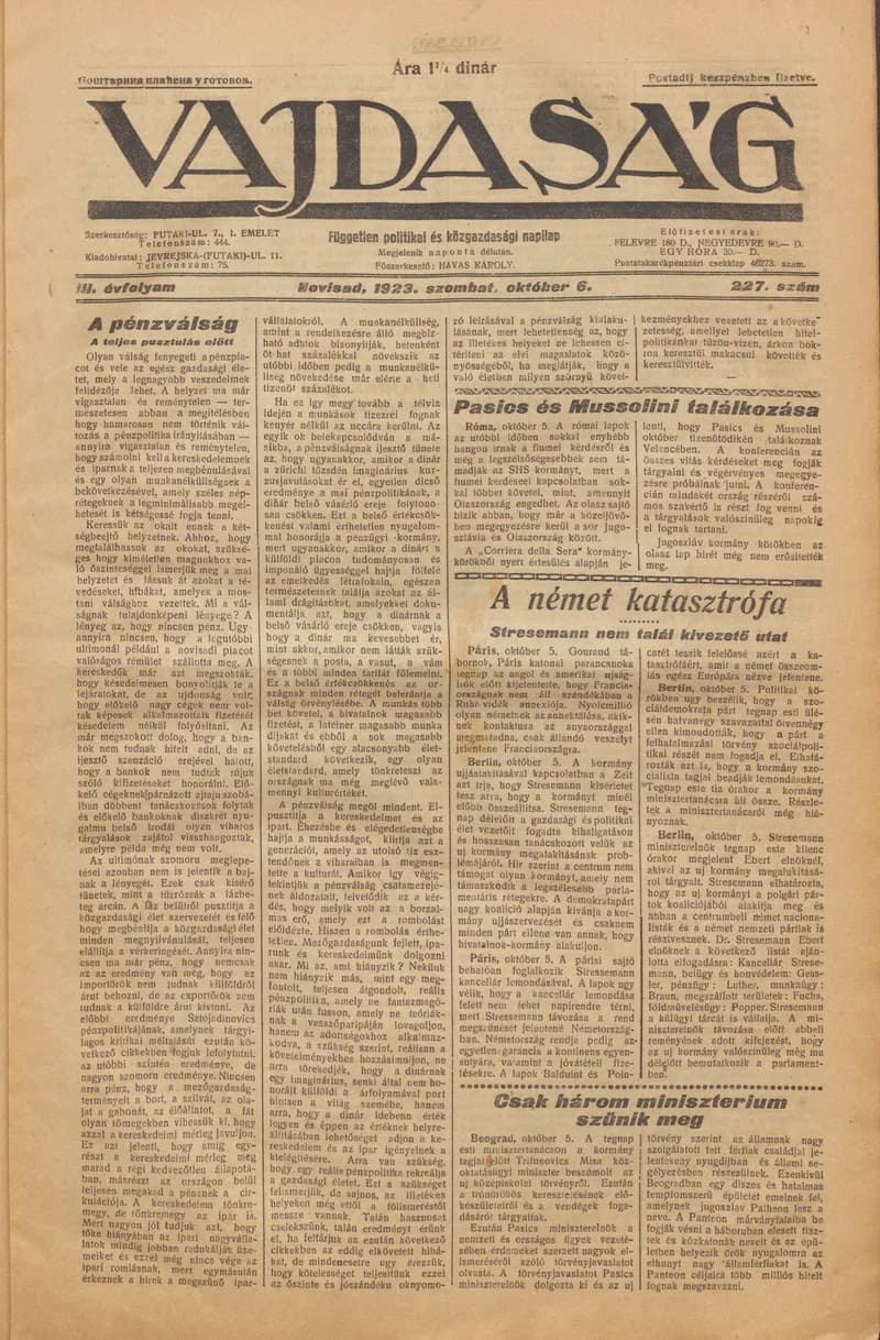 Vajdaság, 3. évf. 1923. október 6. 227. sz.