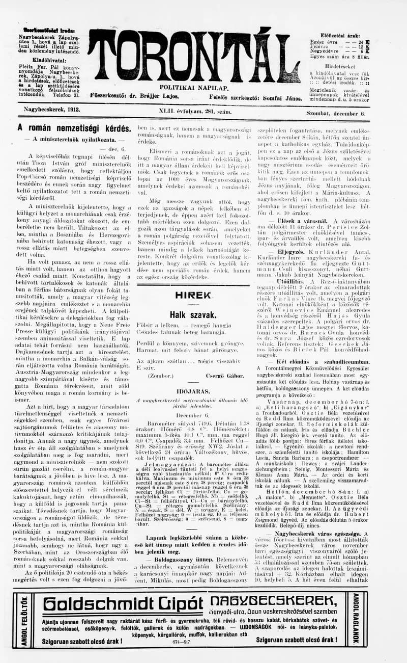 Torontál, 42. évf. 1913. december 6. 281. sz.