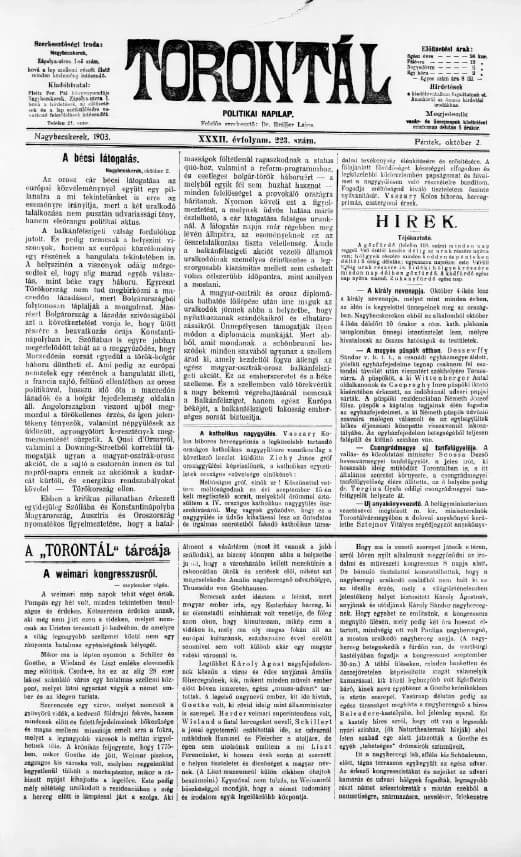 Torontál, 32. évf. 1903. október 2. 223. sz.