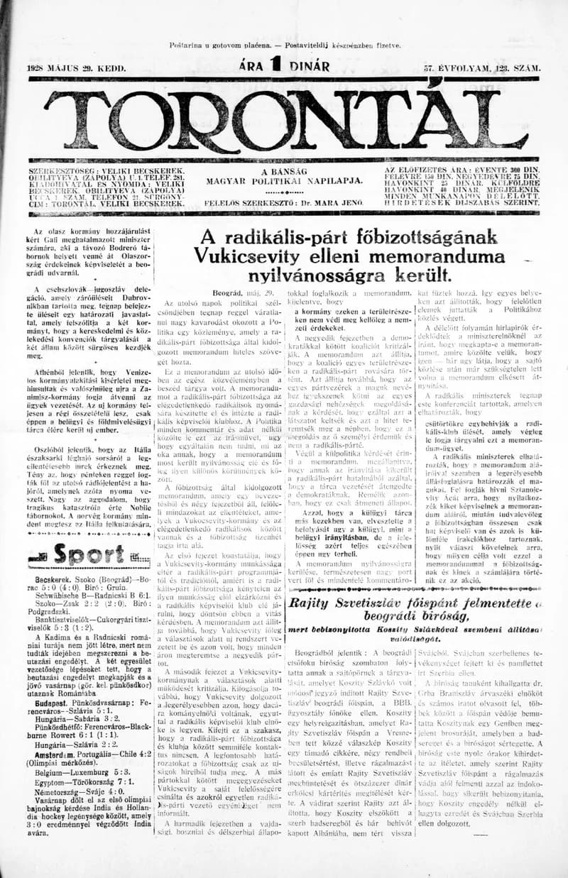 Torontál, 57. évf. 1928. május 29. 123. sz.
