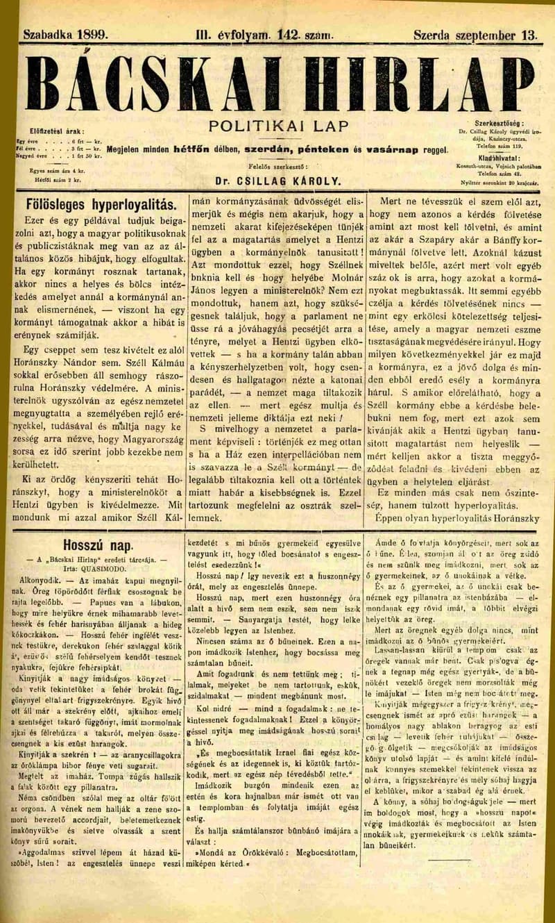 Bácskai Hirlap, 3. évf. 1899. szeptember 13. 142. sz.
