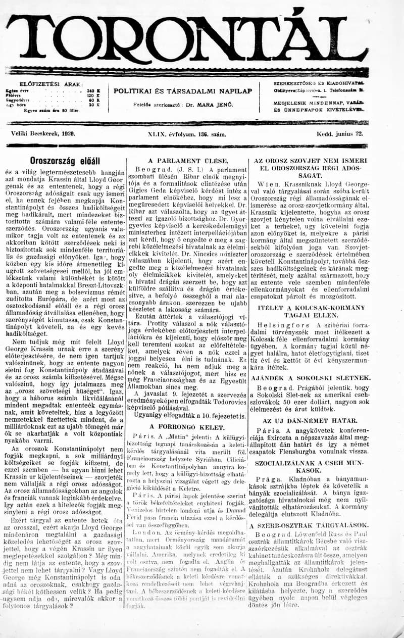 Torontál, 49. évf. 1920. június 22. 136. sz.