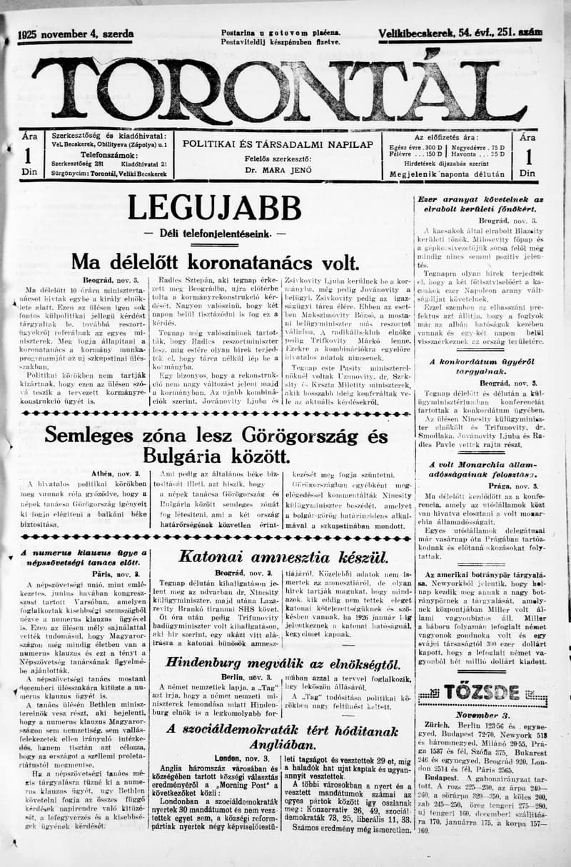 Torontál, 54. évf. 1925. november 4. 251. sz.