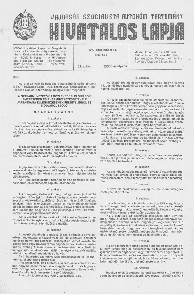 Vajdaság Szocialista Autonóm Tartomány Hivatalos Lapja, 33. évf. 1977. szeptember 14. 22. sz. 1077–1108. oldal