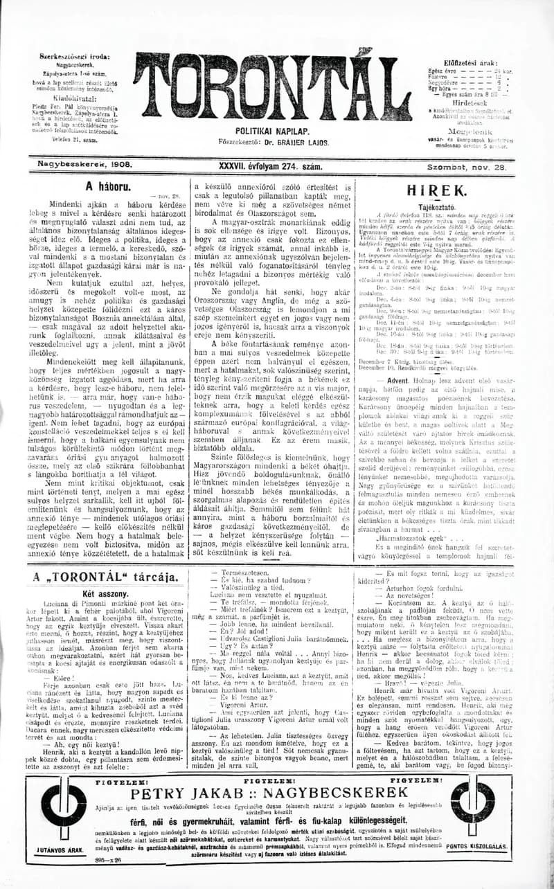 Torontál, 37. évf. 1908. november 28. 274. sz.