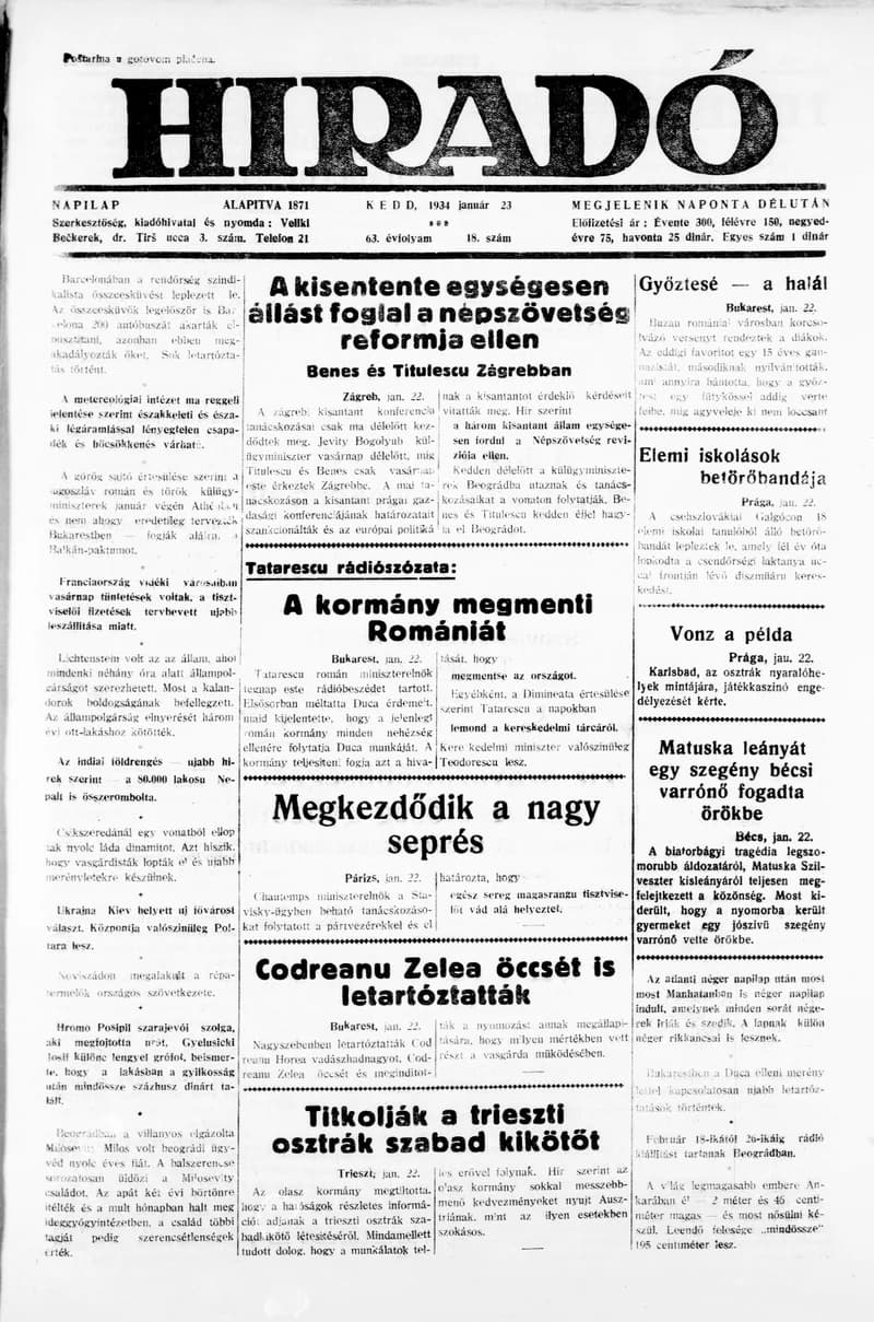 Híradó, 63. évf. 1934. január 23. 18. sz.