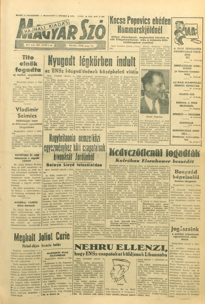 Magyar Szó, 15. évf. 1958. augusztus 15. 205. sz. 1–20. oldal