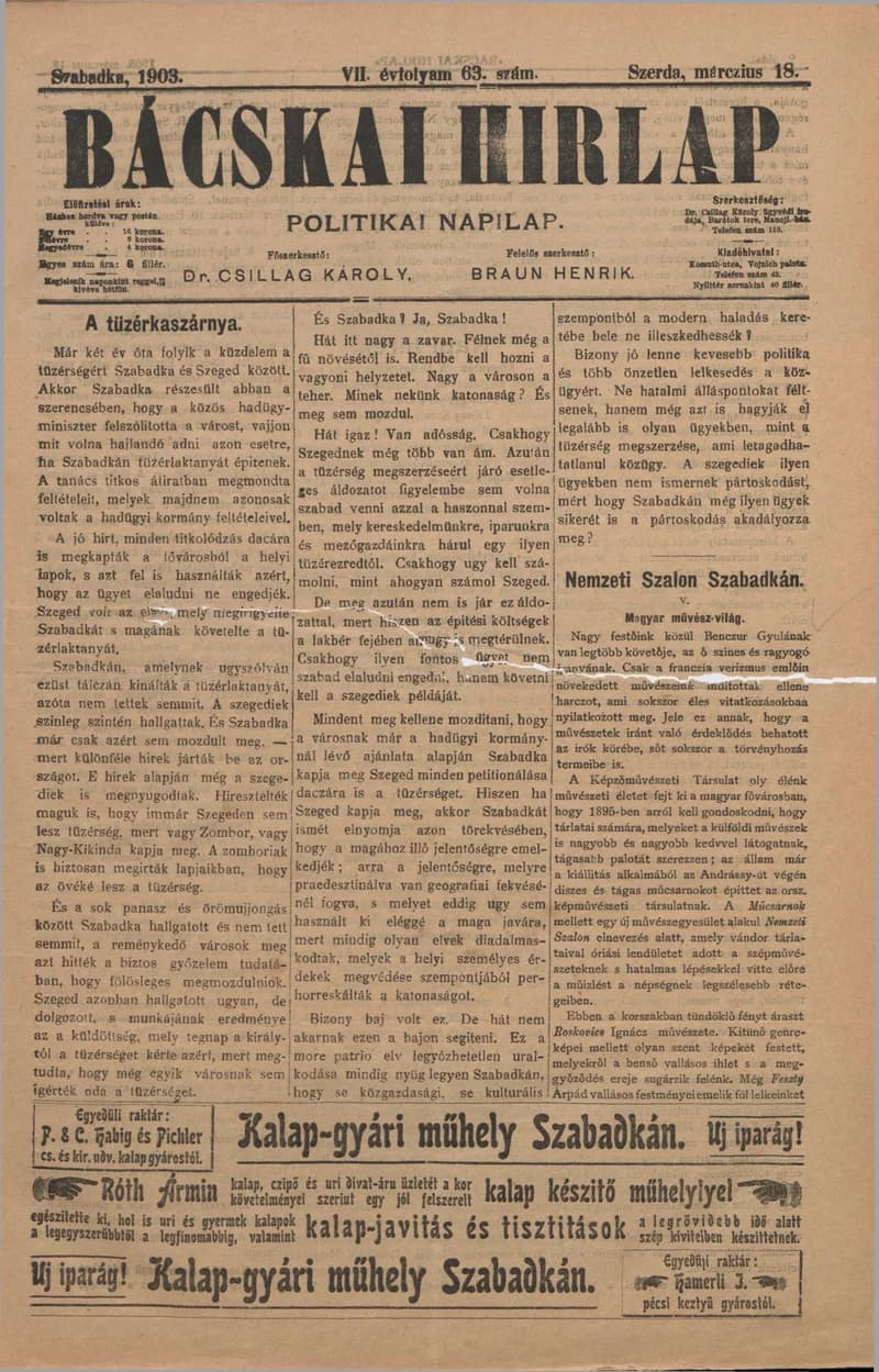 Bácskai Hirlap, 7. évf. 1903. március 18. 63. sz.