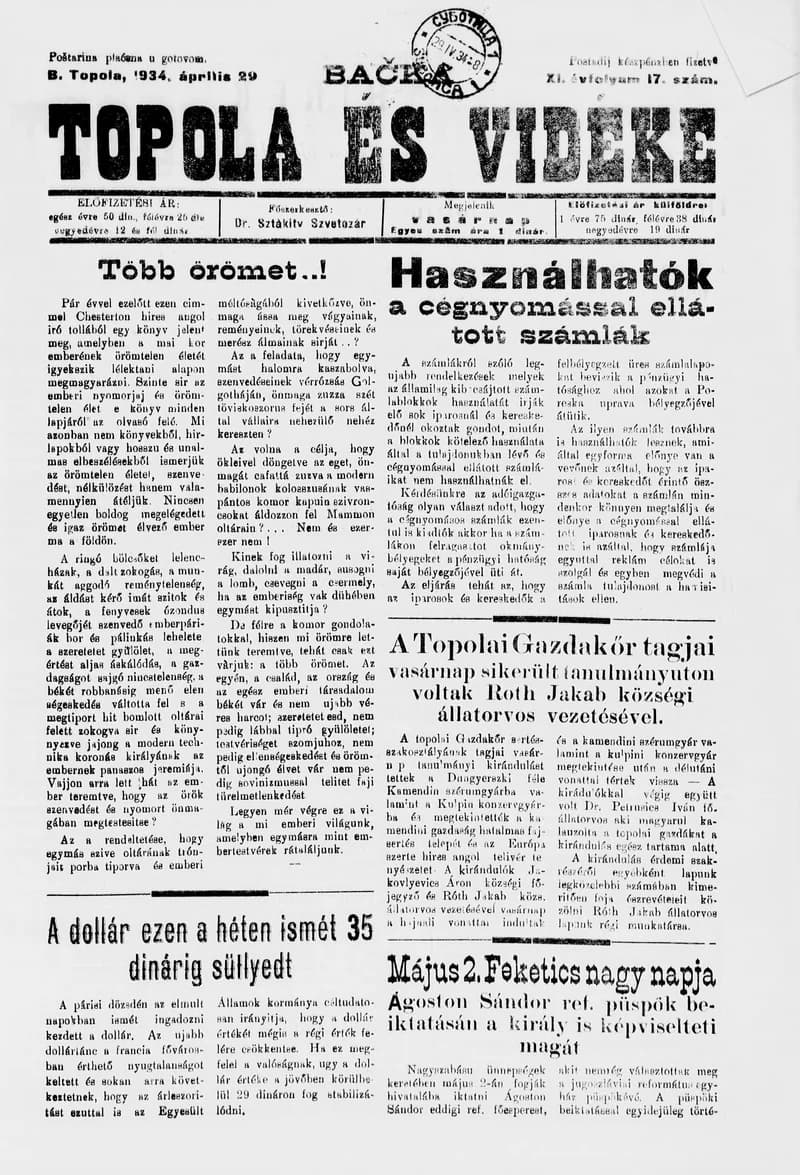 Bačka Topola és Vidéke, 11. évf. 1934. április 29. 17. sz.