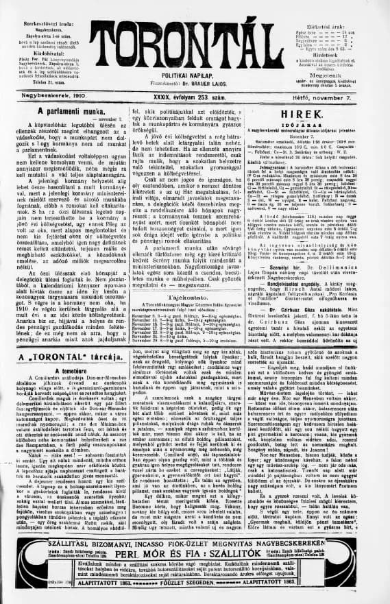 Torontál, 39. évf. 1910. november 7. 253. sz.