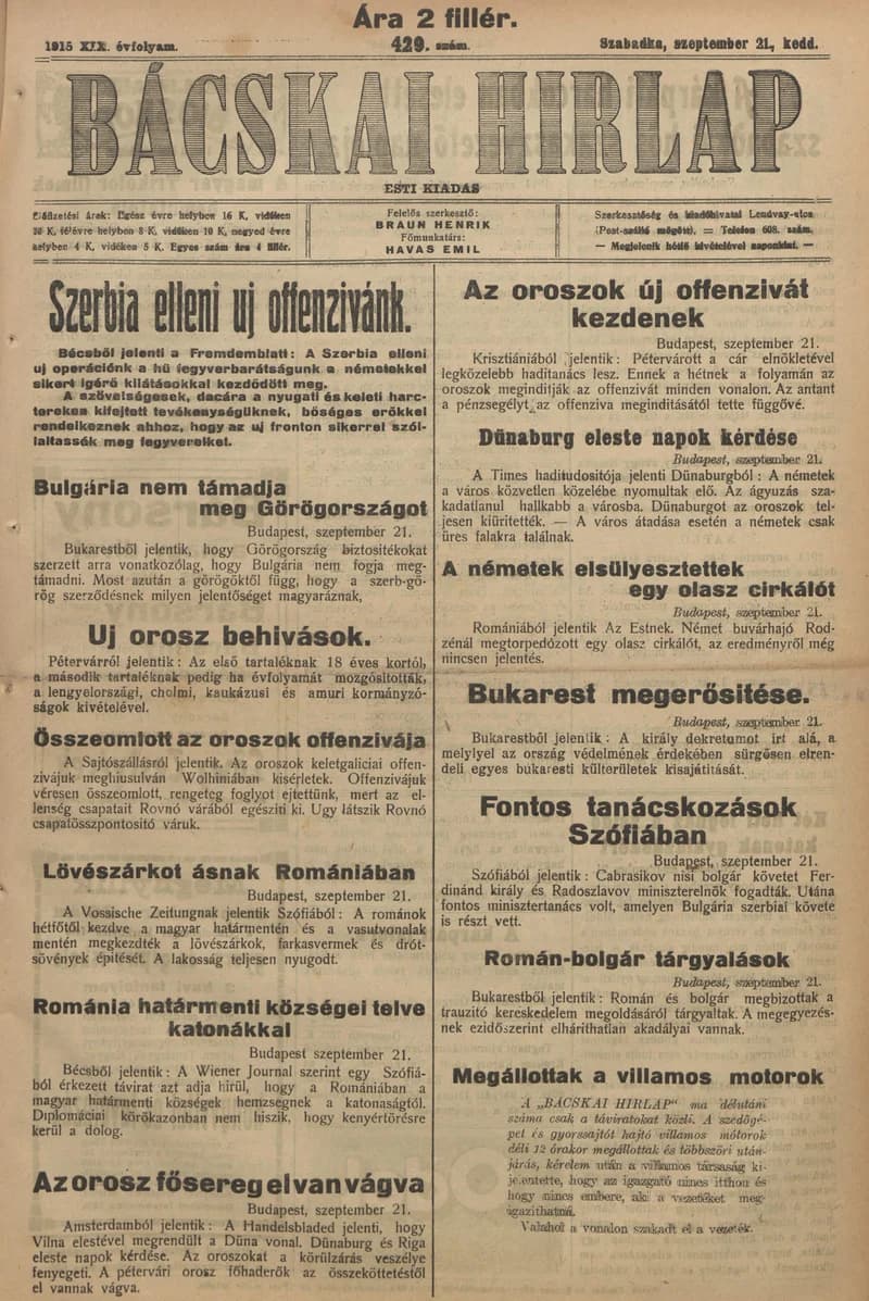 Bácskai Hirlap, 19. évf. 1915. szeptember 21. 429. sz.