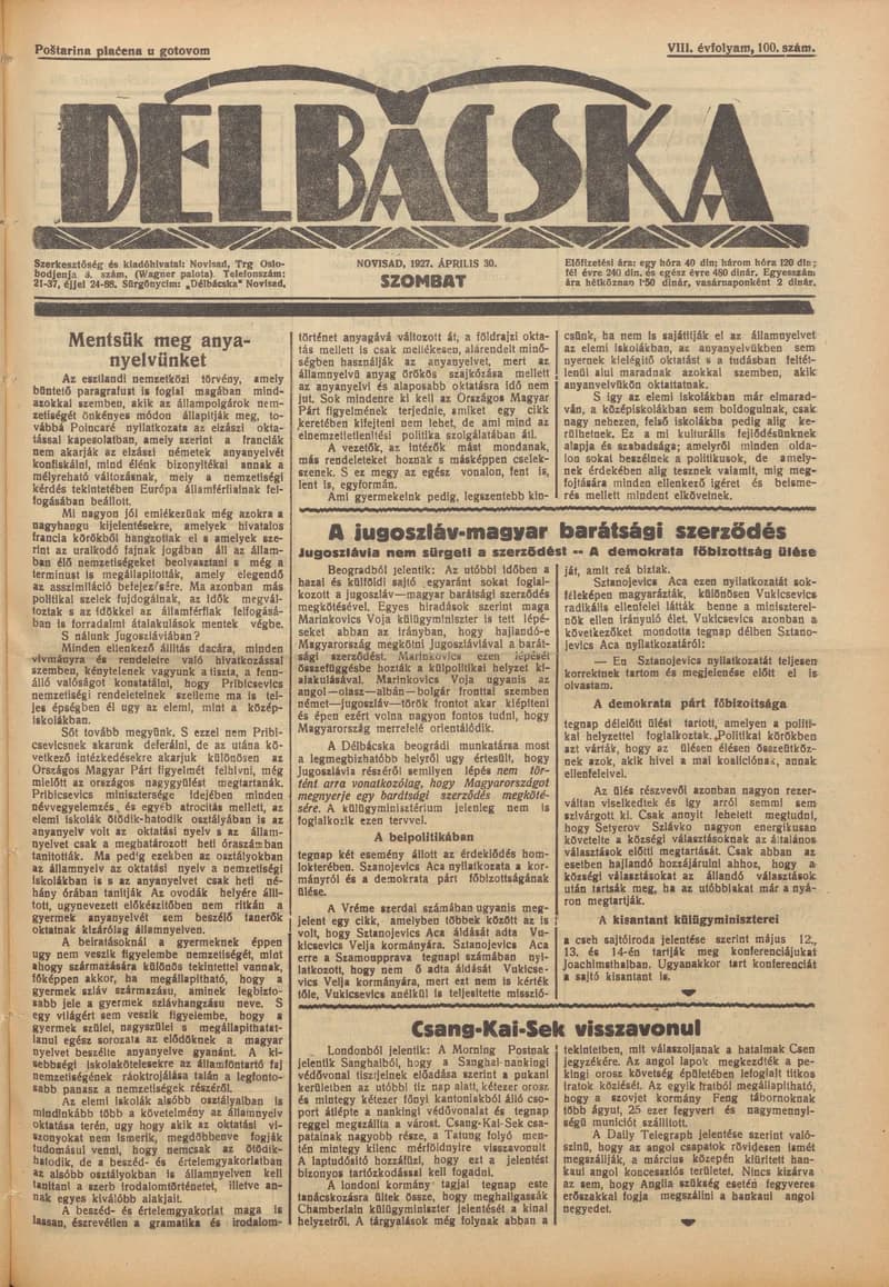 Délbácska, 8. évf. 1927. április 30. 100. sz.