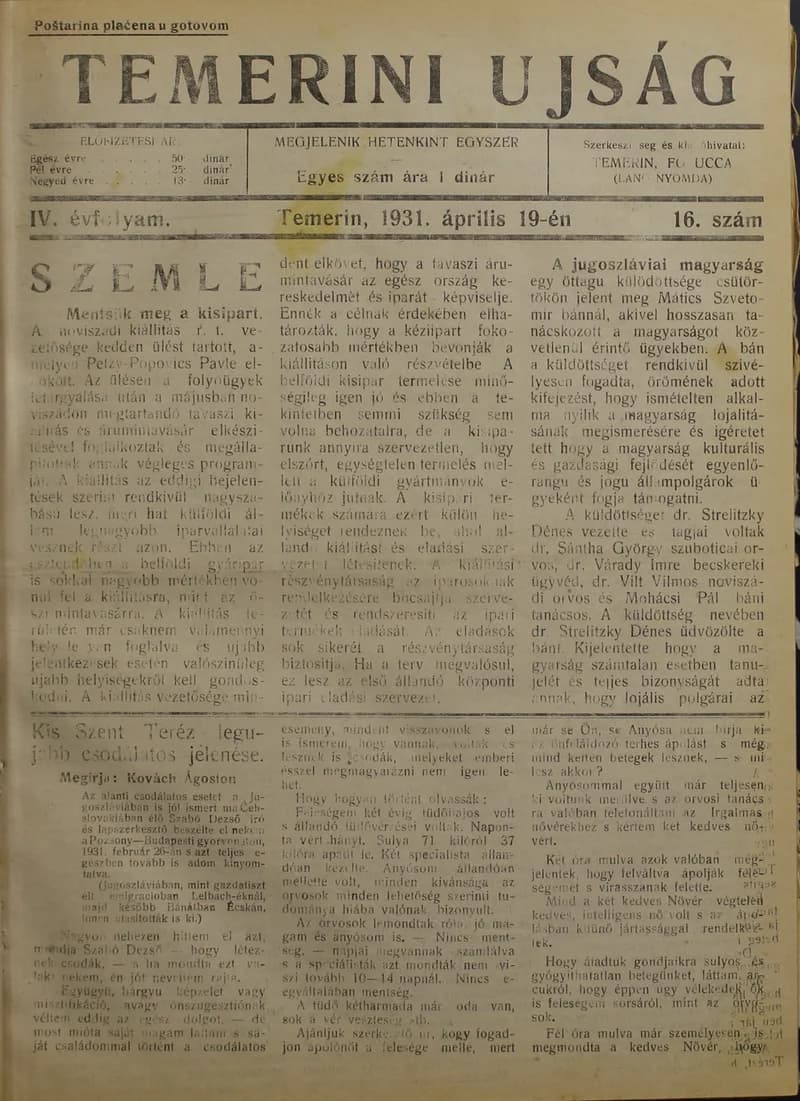 Temerini Újság 1928-1944, 4. évf. 1931. április 19. 16. sz.