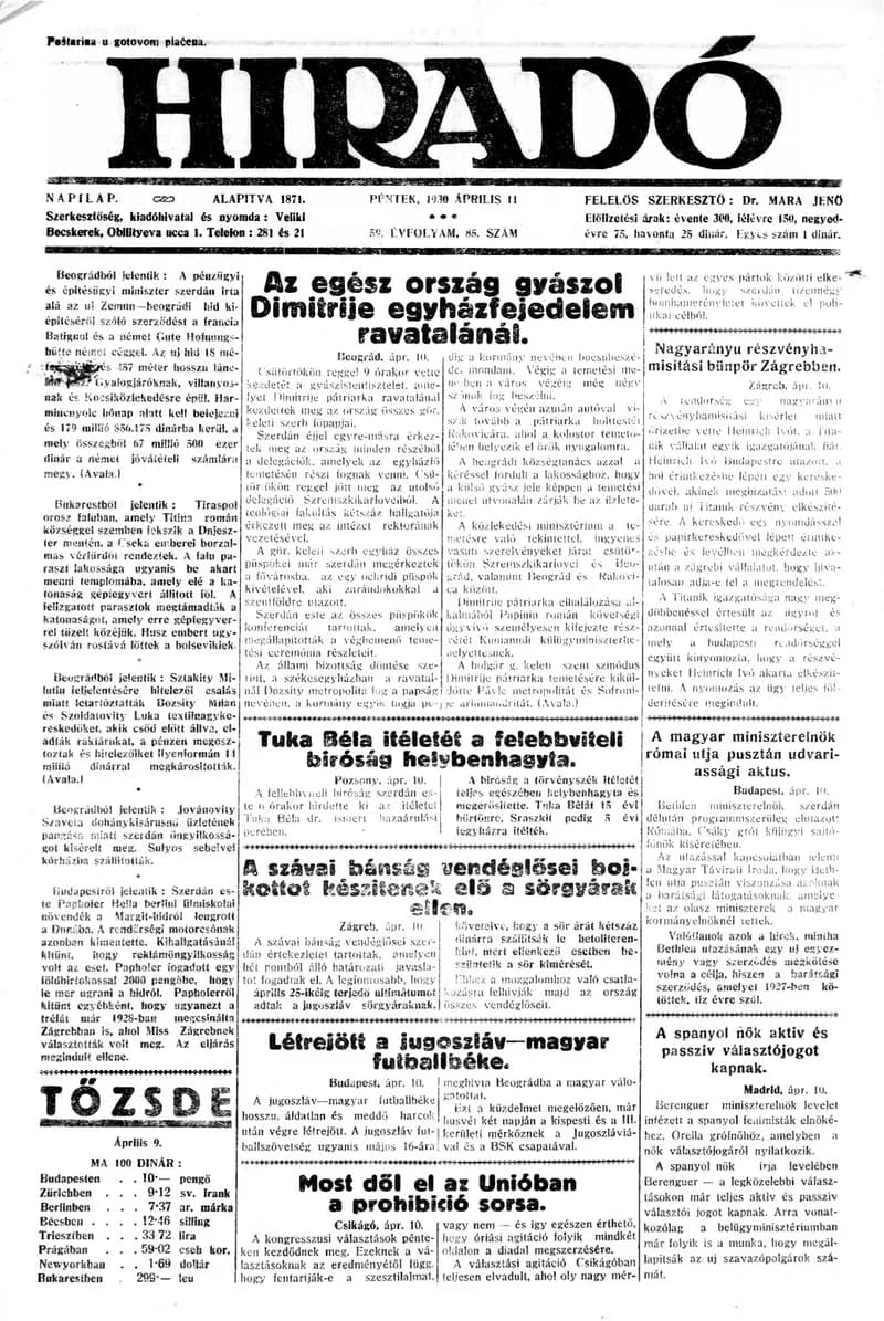 Híradó, 59. évf. 1930. április 11. 85. sz.