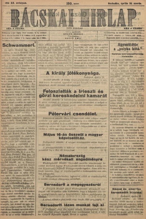 Bácskai Hirlap, 20. évf. 1916. április 26. 190. sz.