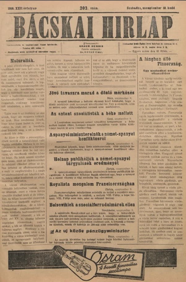 Bácskai Hirlap, 22. évf. 1918. szeptember 10. 203. sz.