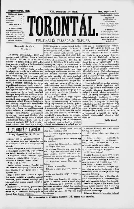 Torontál, 21. évf. 1892. augusztus 3. 157. sz.