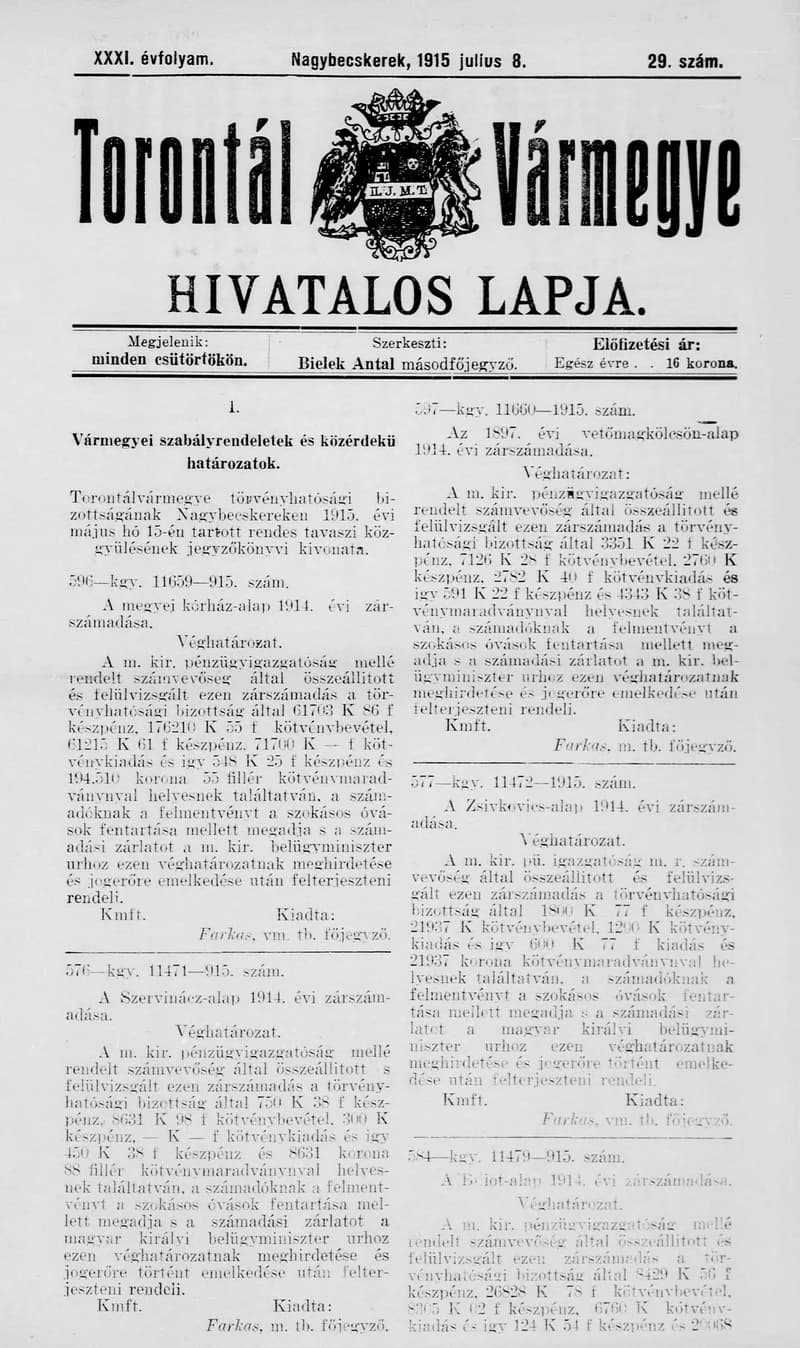 Torontál Vármegye Hivatalos Lapja, 31. évf. 1915. július 8. 29. sz.