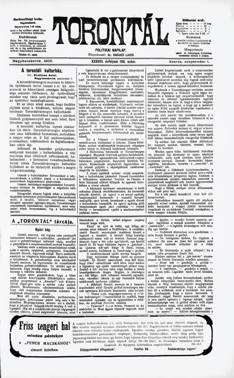 Torontál, 38. évf. 1909. szeptember 1. 198. sz.