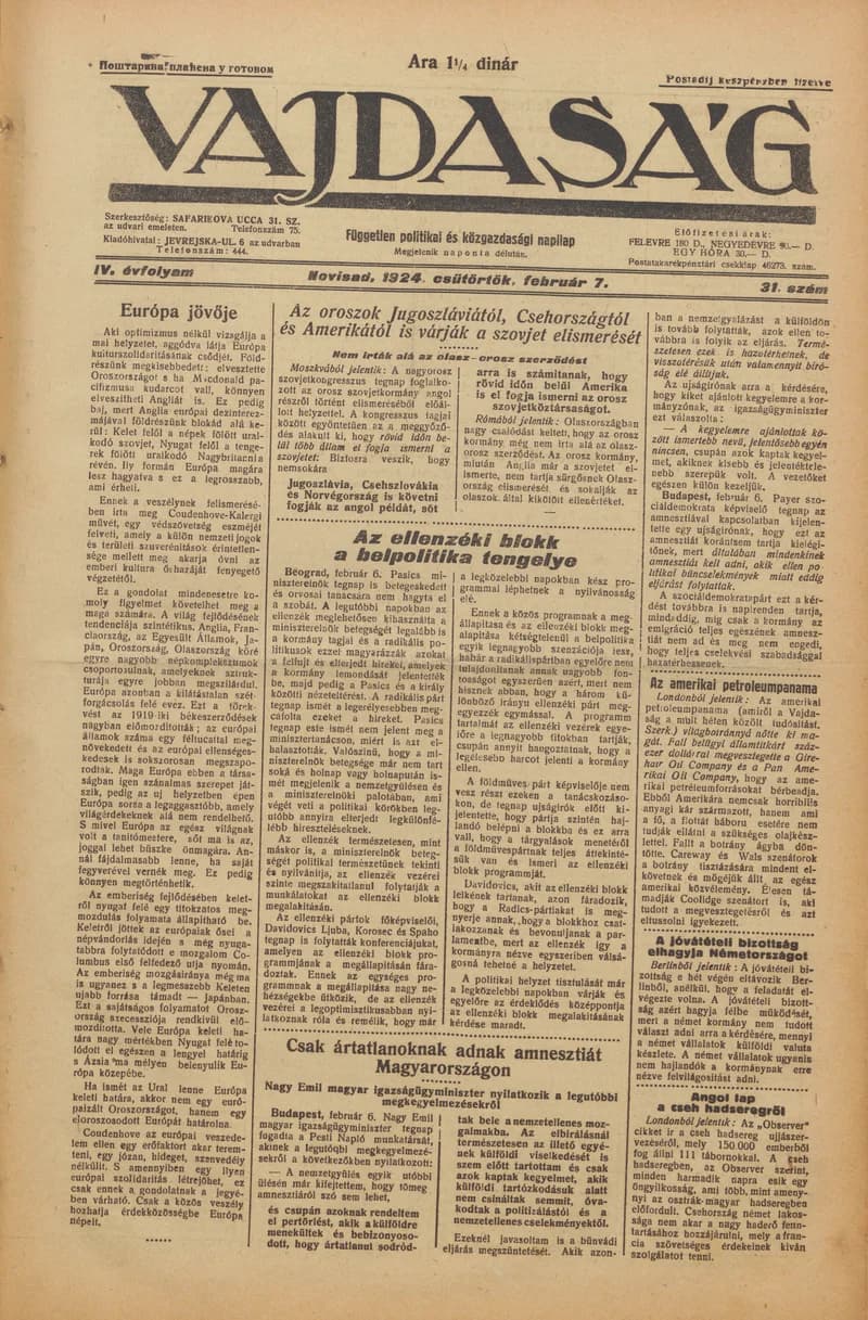 Vajdaság, 4. évf. 1924. február 7. 31. sz.
