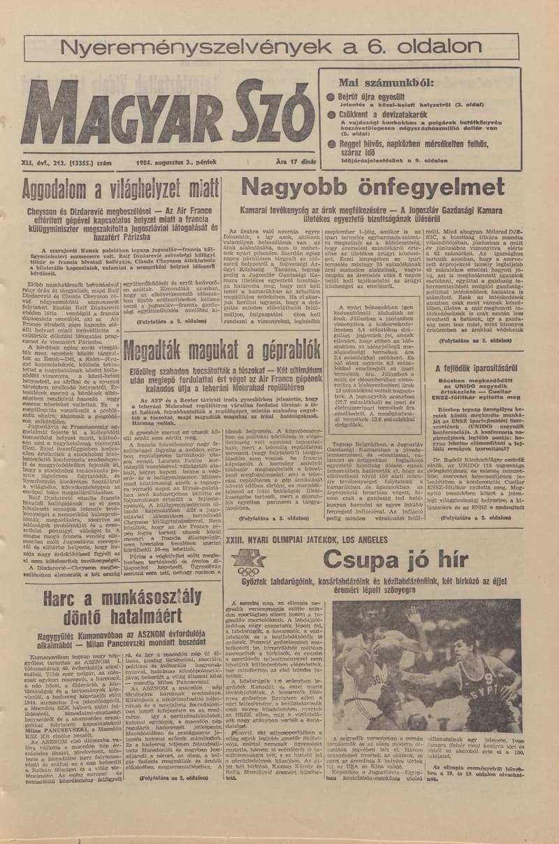 Magyar Szó, 41. évf. 1984. augusztus 3. 212. sz. 1–20. oldal