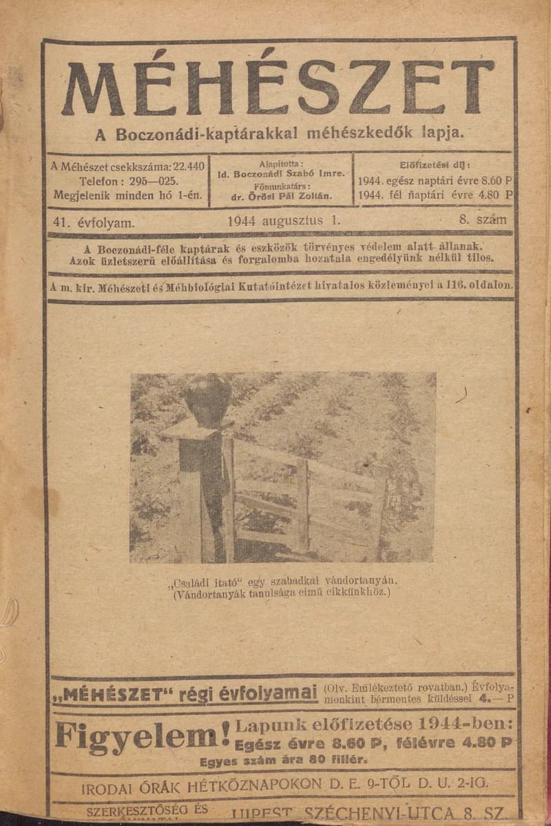 Méhészet, 41. évf. 1944. augusztus 1. 8. sz.