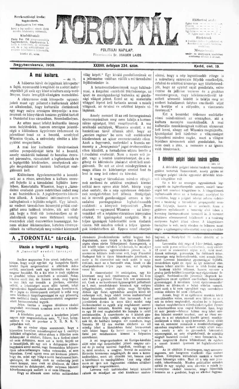 Torontál, 37. évf. 1908. október 13. 234. sz.