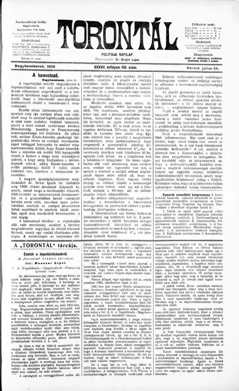 Torontál, 37. évf. 1908. július 24. 168. sz.