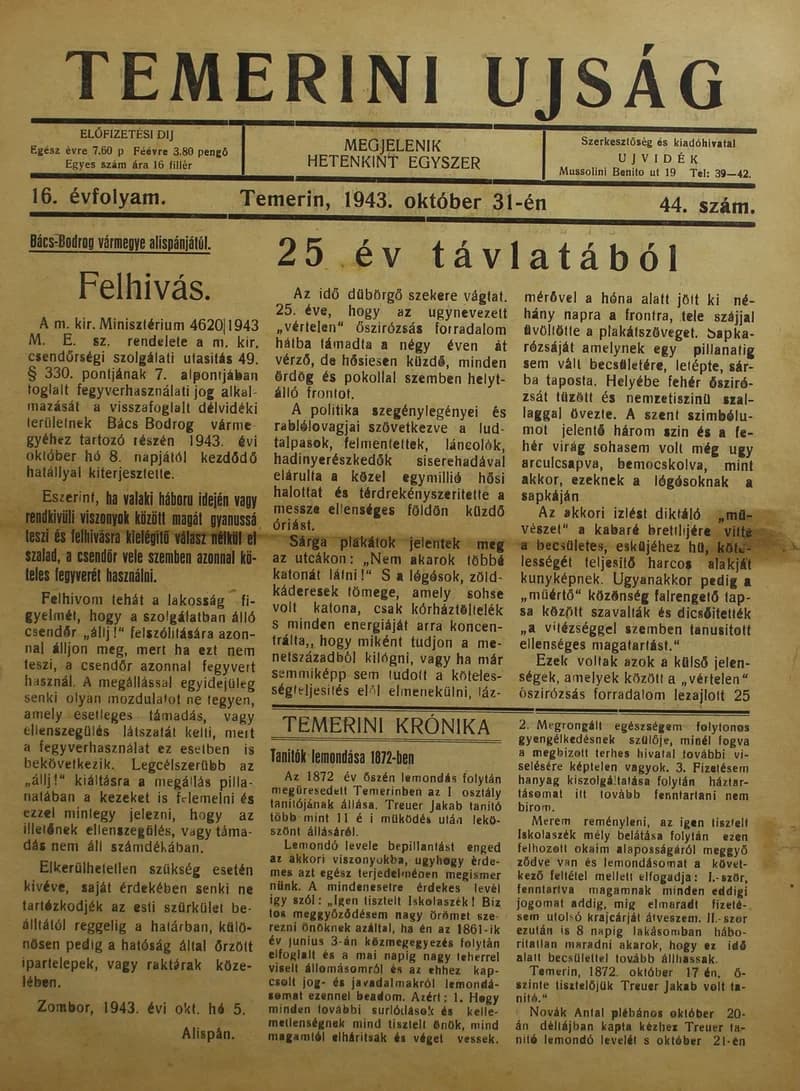 Temerini Újság 1928-1944, 16. évf. 1943. október 31. 44. sz.