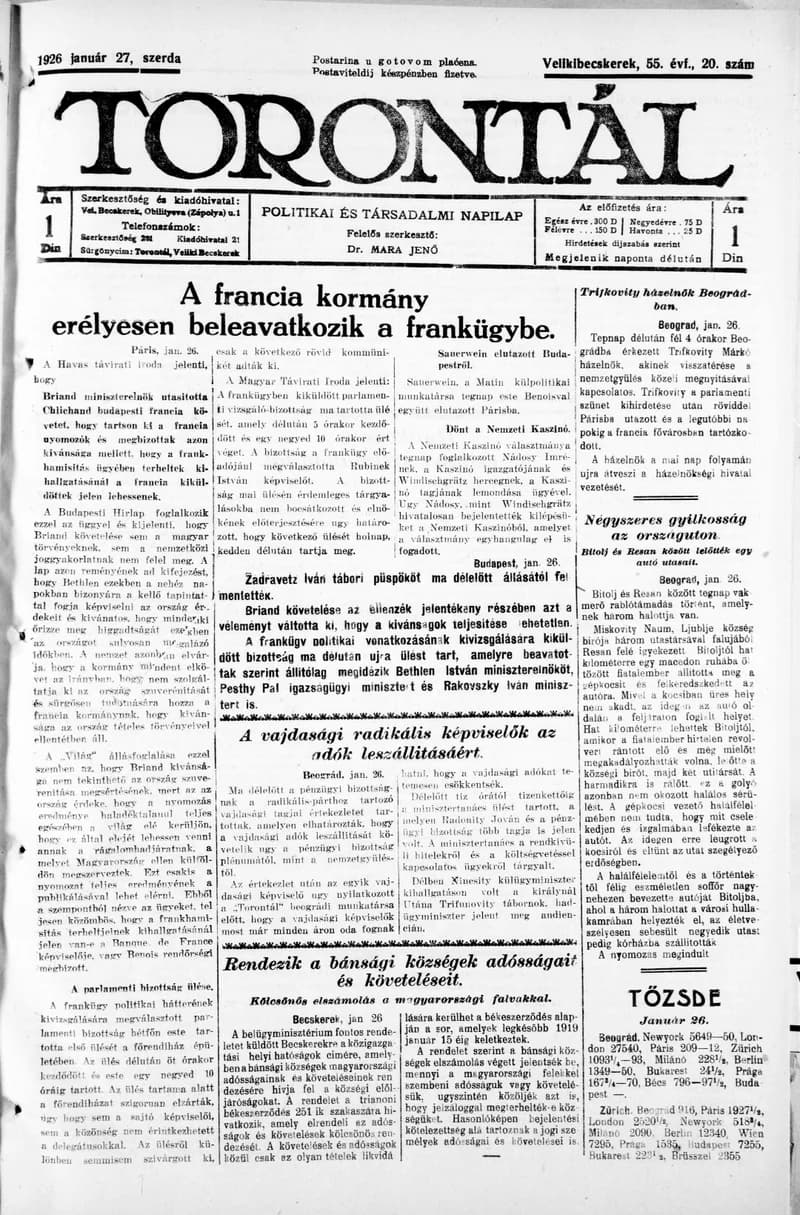 Torontál, 55. évf. 1926. január 27. 20. sz.