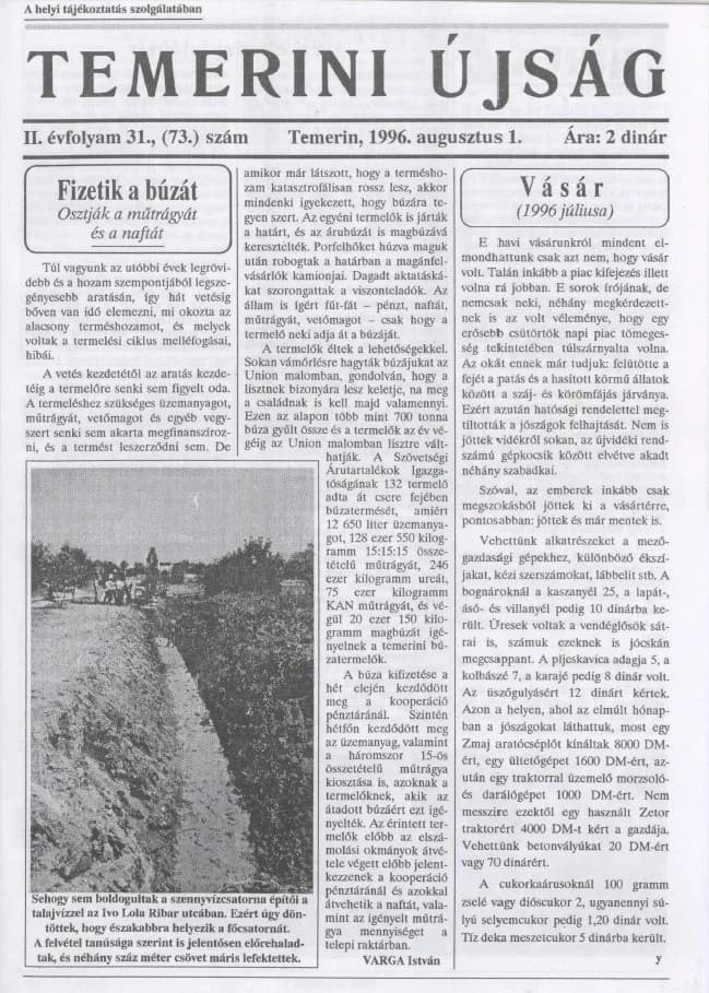 Temerini Újság, 2. évf. 1996. augusztus 1. 31. sz.