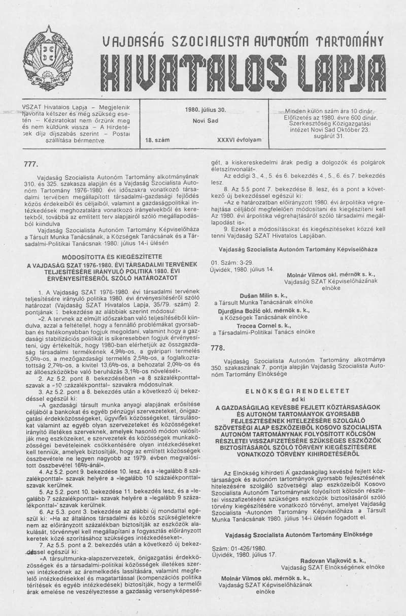 Vajdaság Szocialista Autonóm Tartomány Hivatalos Lapja, 36. évf. 1980. július 30. 18. sz. 931–958. oldal