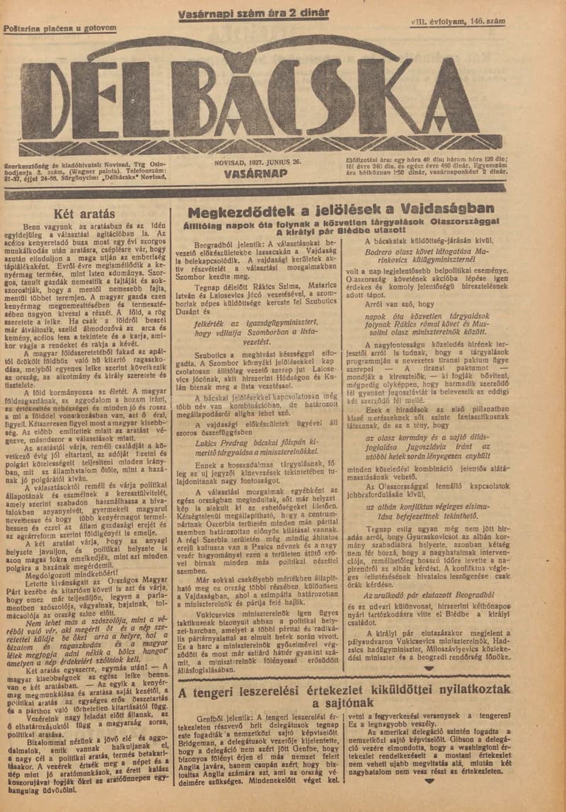 Délbácska, 8. évf. 1927. június 26. 146. sz.