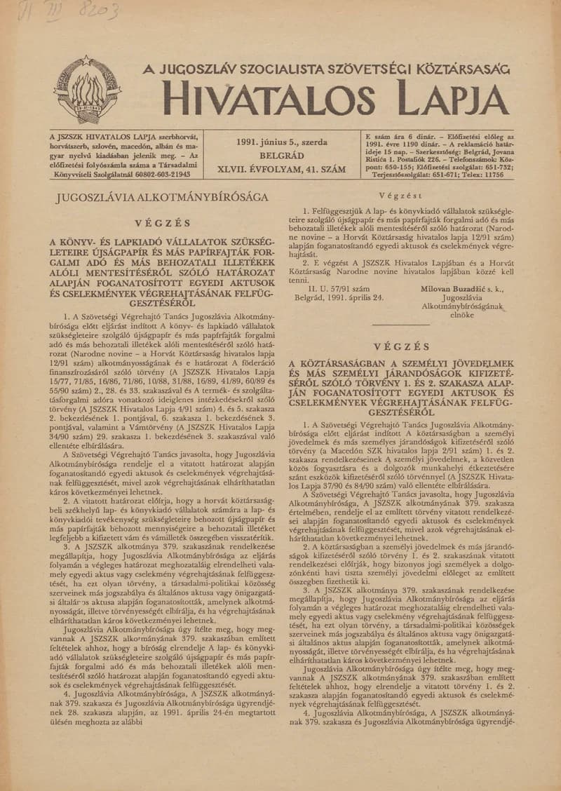 A Jugoszláv Szocialista Szövetségi Köztársaság Hivatalos Lapja, 47. évf. 1991. június 5. 41. sz. 649–652. oldal