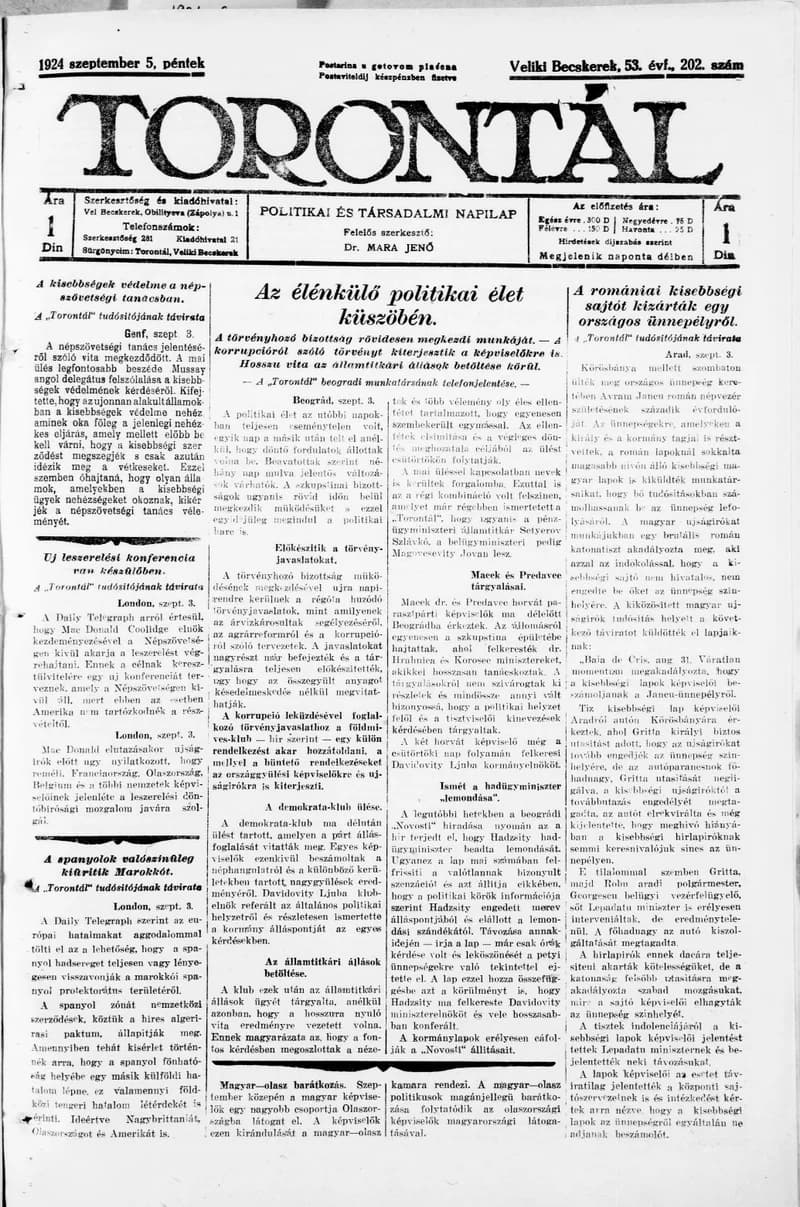 Torontál, 53. évf. 1924. szeptember 5. 202. sz.