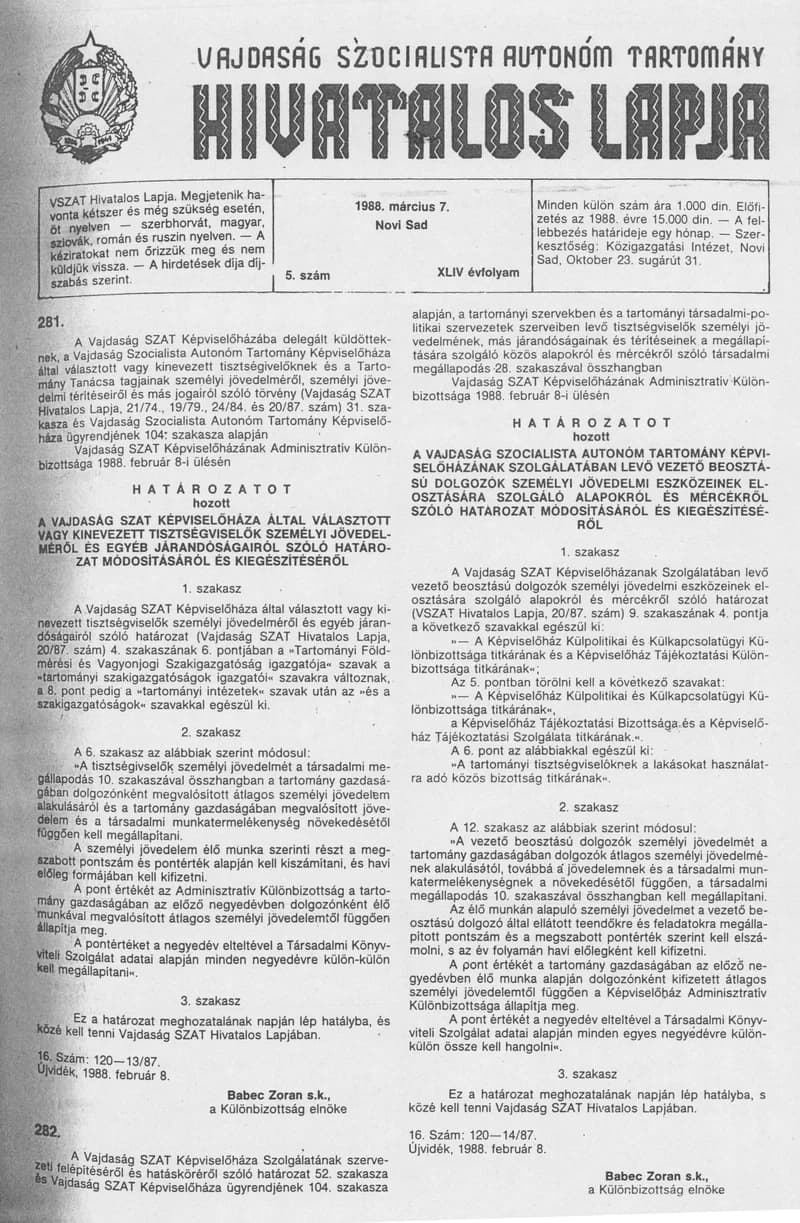 Vajdaság Szocialista Autonóm Tartomány Hivatalos Lapja, 44. évf. 1988. március 7. 5. sz.