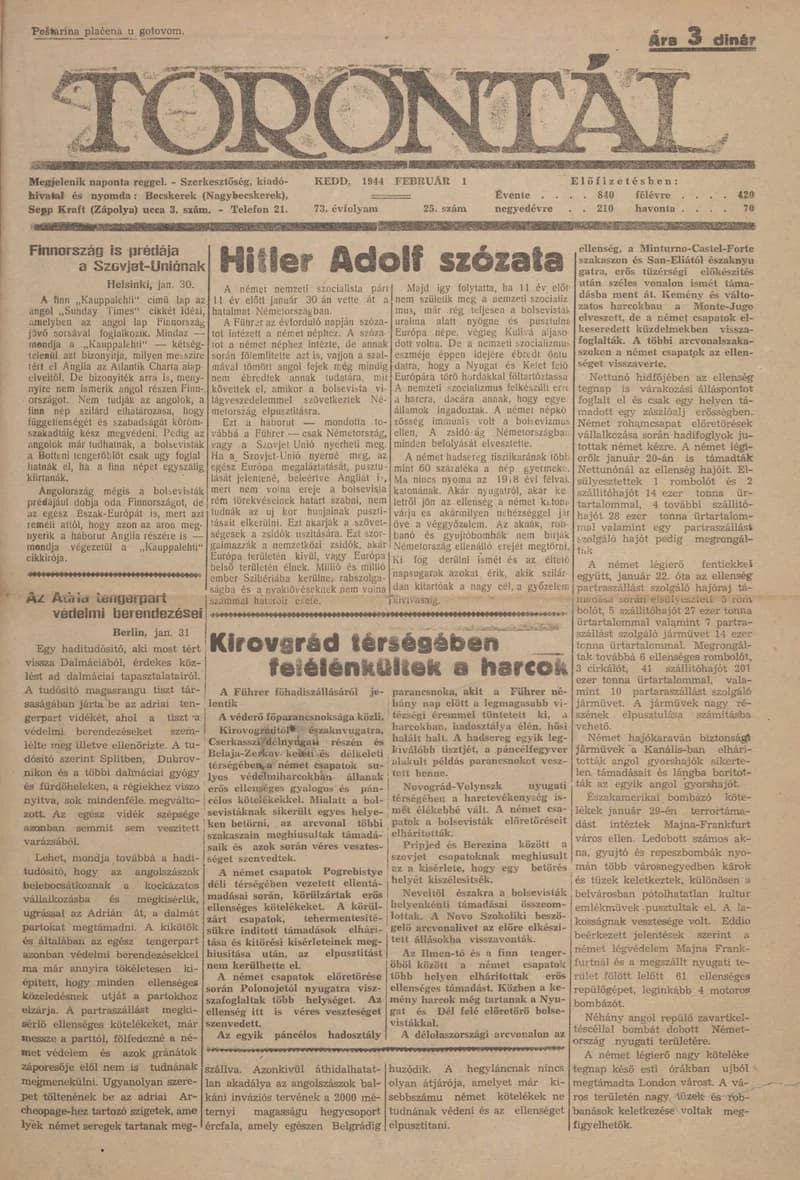 Torontál, 73. évf. 1944. február 1. 25. sz.