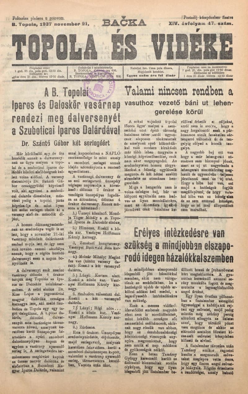 Bačka Topola és Vidéke, 14. évf. 1937. november 21. 47. sz.