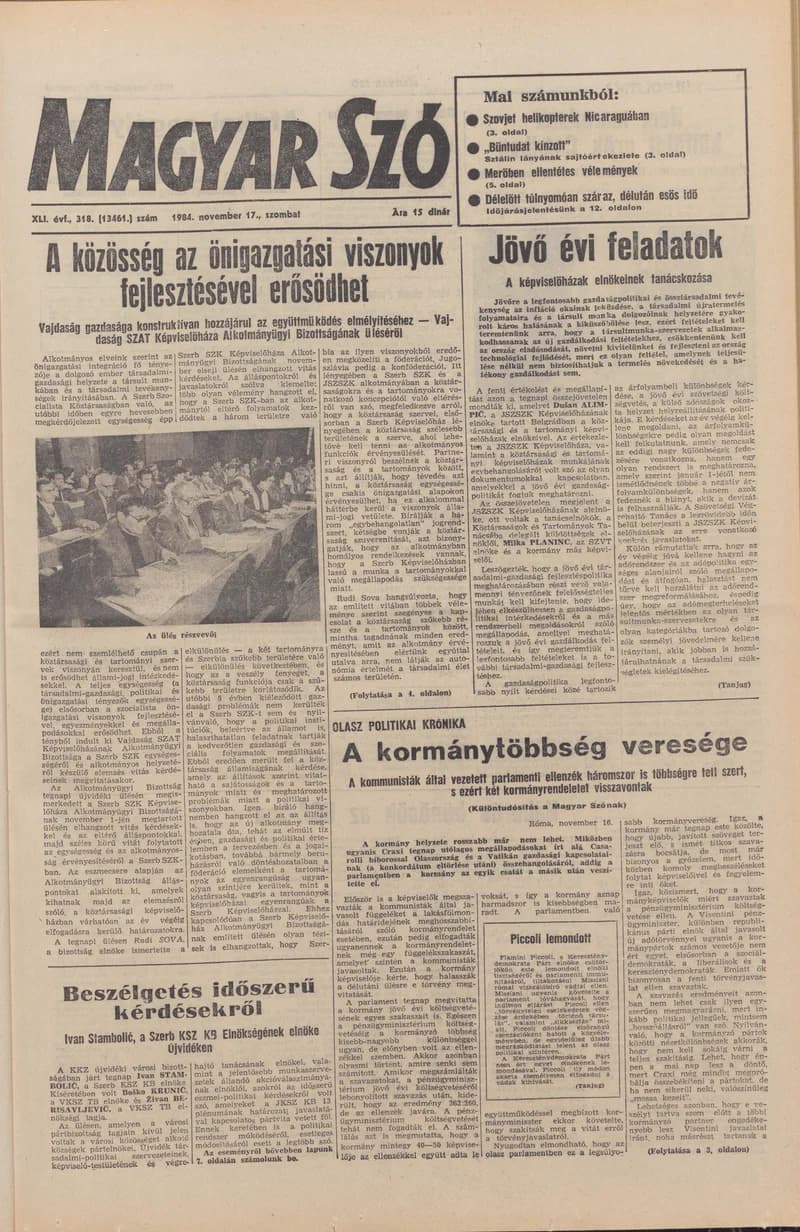 Magyar Szó, 41. évf. 1984. november 17. 318. sz. 1–24. oldal