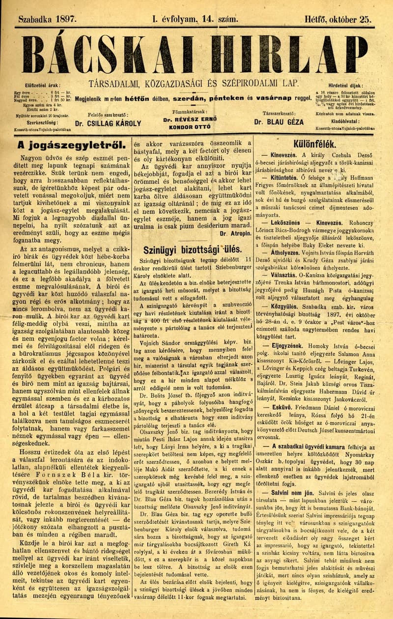 Bácskai Hirlap, 1. évf. 1897. október 25. 14. sz. 1–2. oldal