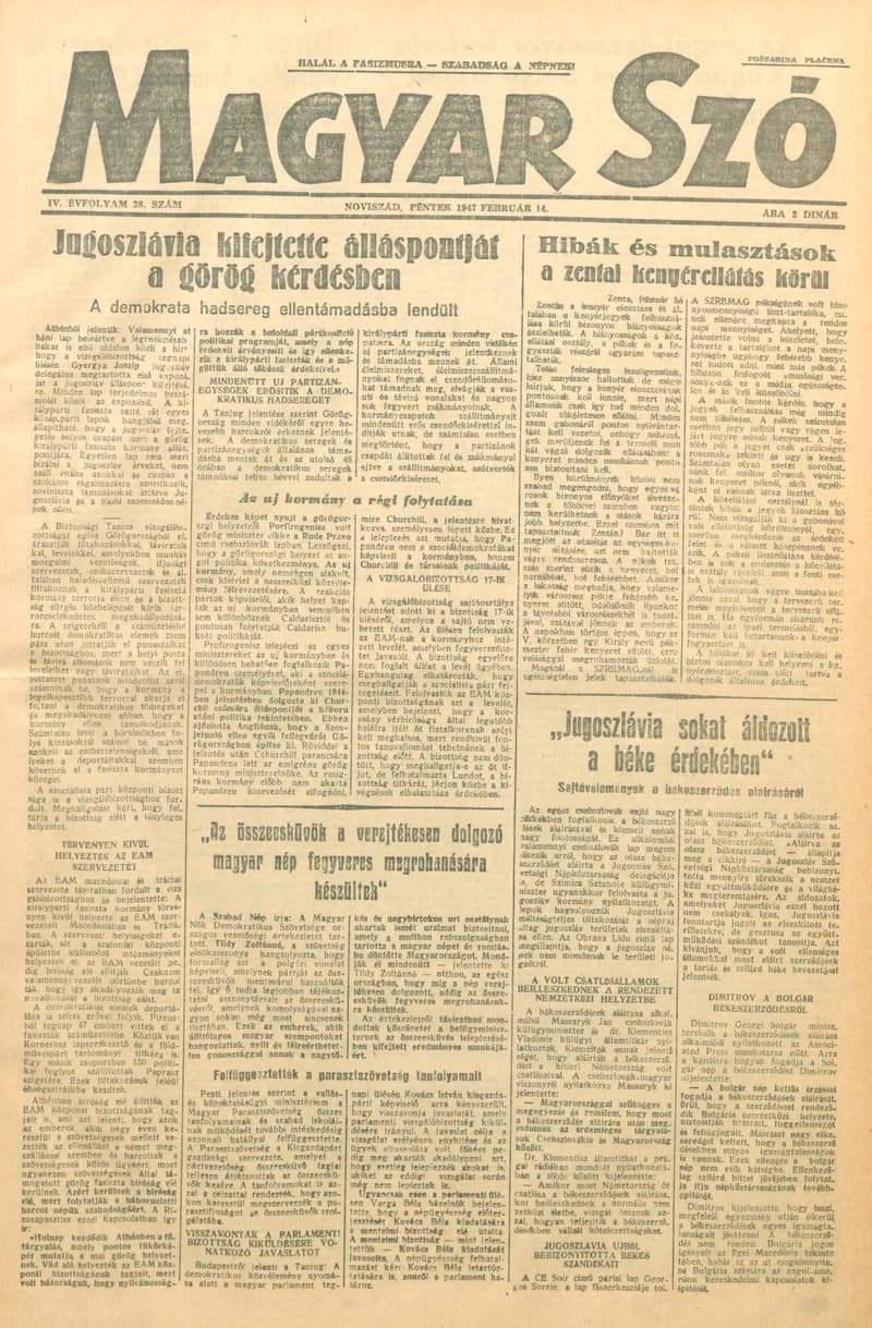Magyar Szó, 4. évf. 1947. február 14. 38. sz. 1–6. oldal