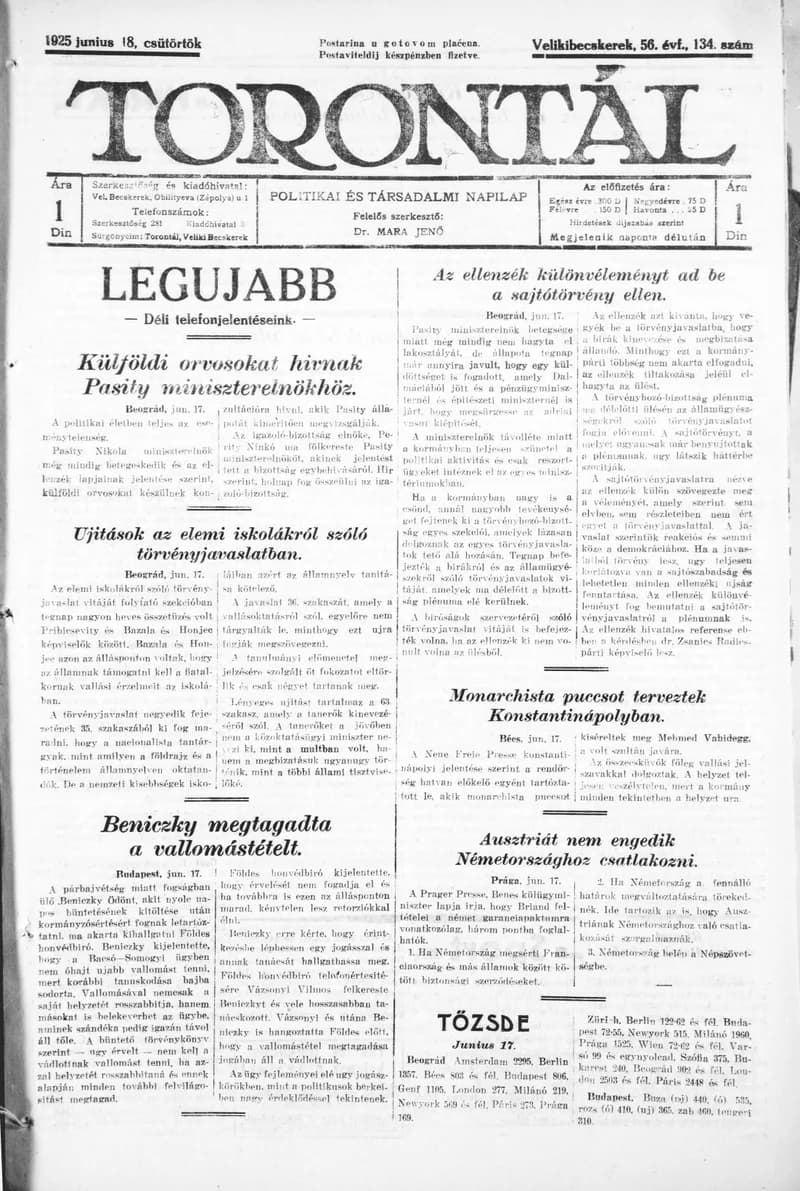Torontál, 54. évf. 1925. június 18. 134. sz.