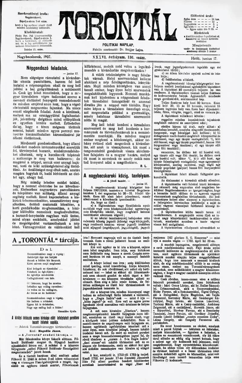 Torontál, 36. évf. 1907. június 17. 136. sz.
