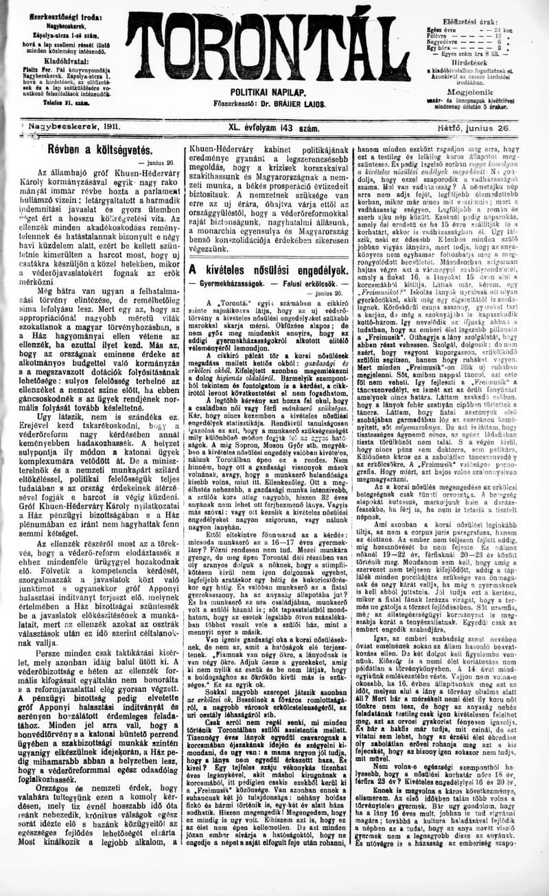 Torontál, 40. évf. 1911. június 26. 143. sz.