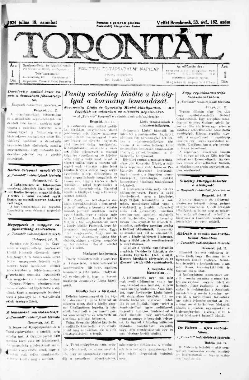 Torontál, 53. évf. 1924. július 19. 162. sz.