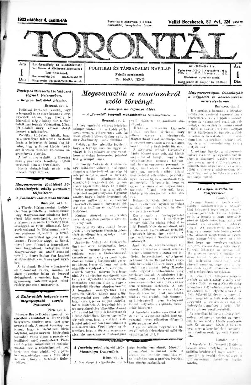 Torontál, 52. évf. 1923. október 4. 224. sz.