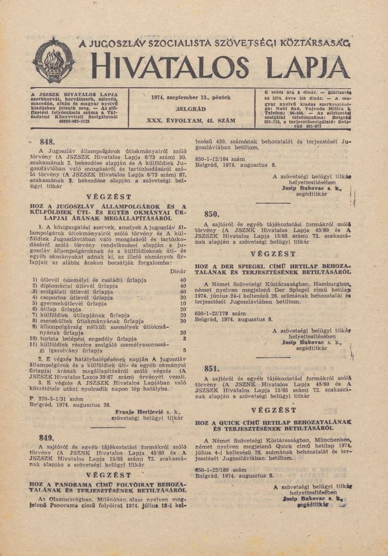 A Jugoszláv Szocialista Szövetségi Köztársaság Hivatalos Lapja, 30. évf. 1974. szeptember 13. 45. sz. 1445–1448. oldal