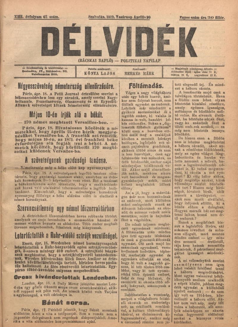 Délvidék, 13. évf. 1919. április 20. 67. sz.