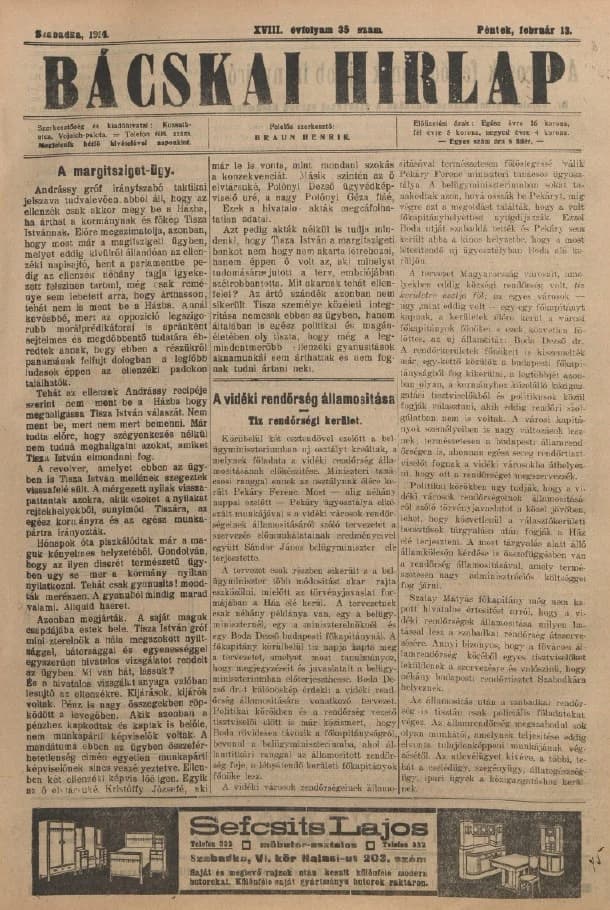 Bácskai Hirlap, 18. évf. 1914. február 13. 35. sz.